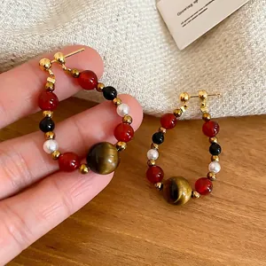 Vintage Round Hoop Beaded Earrings With Tiger Eye Agate Hematite Artificial Pearl And Silver Earring Post Retro Ethnic Jewelry