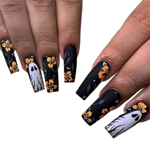 Long coffin Halloween press-on nails with black matte finish and orange flower ghost patterns