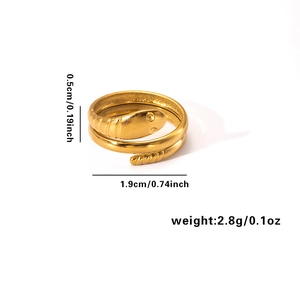 Detail view of a gold snake ring with dimension specs 0.5cm width and 2.8g weight