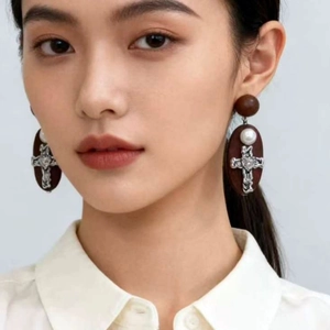 Boucles d'oreilles vintage en bois avec croix métal liquide et perle pour femme