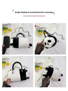 Dettaglio borsa a panda in peluche con pelliccia sintetica e tracolla a catena argento