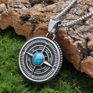 Viking compass pendant necklace in stainless steel with natural turquoise on moss