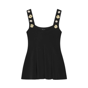 Women Square Neck Tank Top Sleeveless Black Peplum Flare Hem Camisole Decorative Flower Artificial Pearl Straps Slim Fit Knit Vest