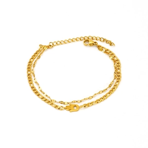 Bracelet double couche en acier inoxydable doré avec pendentif Main de Fatma réglable
