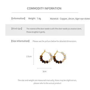 Detailed size specifications for tiger eye stone earrings with copper and zircon material