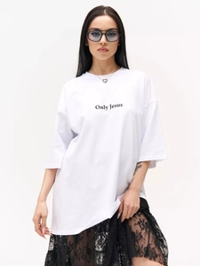Detail of Only Jesus print on heavy cotton white oversized t-shirt for summer