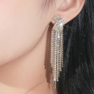 Sparkling long tassel earrings with cubic zirconia rhinestones for elegant evening wear