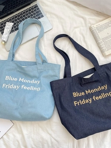 Borsa Tote In Denim Ricamo Lettere Tela Borsa A Spalla Casual Pendolare Grande Capacità Streetwear Donne