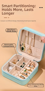 Close-up of portable blue jewelry box with velvet lining and multifunctional dividers