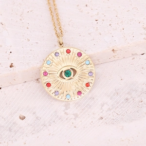 Golden stainless steel cross eye pendant necklace with colorful cubic zirconia