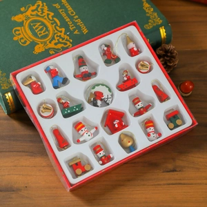 Detailed view of 20pcs wooden Christmas ornaments set including Santa and snowman
