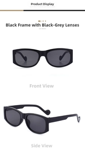 Detailed front and side view of trendy black square frame sunglasses with dark grey lenses