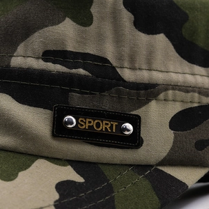 Camouflage flat top military hat with a leather Sport patch and metal rivets