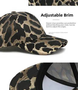 Detail view of jacquard leopard baseball cap showing the adjustable curved brim design