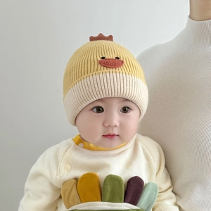 Cute yellow chicken baby knitted hat with red comb and matching winter warm romper