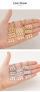 Detail view of 000-999 angel number necklaces in gold and silver stainless steel