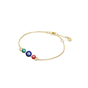 Detail of golden charm bracelet featuring green, blue and red evil eye beads in macro view