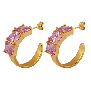 Fashionable gold C-shape hoop earrings with sparkling pink square-cut zircon stones
