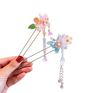 Chinese tassel hair sticks with gold bunny and blue butterfly charms for Hanfu styles