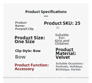Spécifications de la pince à cheveux en velours montrant le matériau et les dimensions