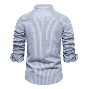 Detail view of the back of a slim-fit blue striped long-sleeved shirt for men