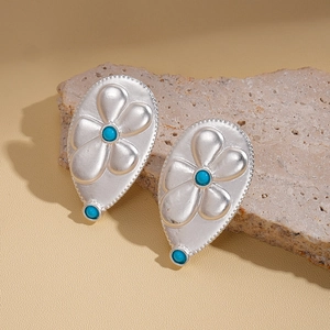 Detail of silver drop earrings with turquoise beads on a textured stone display