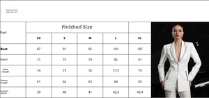 Detailed size chart for women's slim fit blazer with rhinestone collar and measurements
