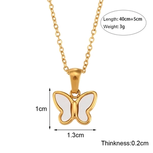 Gold-plated stainless steel butterfly pendant necklace with white inlay and size details
