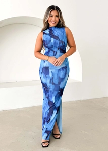 Detail of blue abstract print sleeveless maxi dress featuring a high side slit design