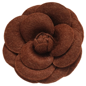 Elegant dark brown felt camellia flower brooch pin with detailed layered petal design