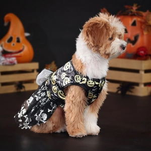 Detail of Halloween pet dress with Happy Halloween text and sparkly skull mesh skirt