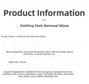 Detailed chart showing 20-pack laundry stain wipes ingredients and usage specs
