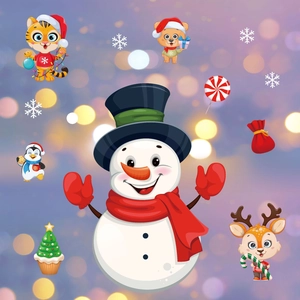 Detail of Christmas window stickers featuring snowman, deer and penguin festive elements