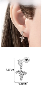 Detail view of twisted silver cross earrings with zircons and size dimensions