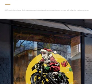 Detail of Santa Claus on motorcycle window sticker applied on shop glass pane