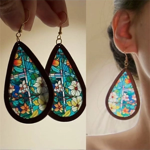 Vintage Waterdrop Earrings Acrylic Wood Stained Glass Style Cross Pattern Floral Ethnic Jewelry For Women