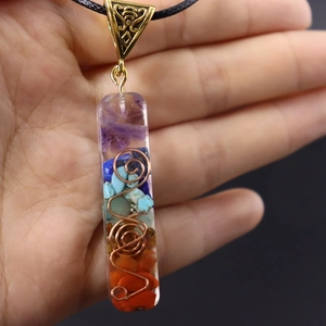 7 Chakra natural crystal stone resin pendant necklace with copper spiral wire decoration