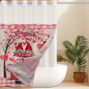 Detail of Valentine's Day waffle shower curtain with gnome prints and red heart tree