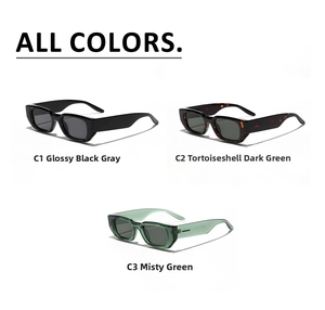 Close-up of square sunglasses showing black, tortoiseshell, and translucent green frames