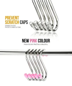 Detail of heavy-duty stainless steel S-hooks with protective clear and pink plastic caps