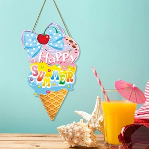 Wooden ice cream welcome sign with Happy Summer lettering on light blue background
