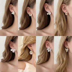 Butterfly Flower Stud Earrings Copper Zircon Faux Artificial Pearl 925 Sterling Silver Earring Post Vintage French Elegant Women
