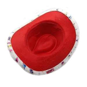 Chapeau de cowboy rouge festif avec bordure en fausse fourrure blanche et fils colorés