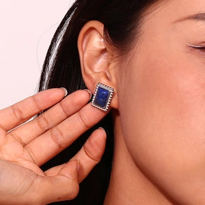 Vintage 18K gold-plated stainless steel earrings with rectangle blue lapis lazuli stone
