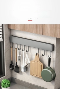 Detail of gray matte kitchen hook rack showing durable structure and cookware storage