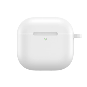 Close-up of white silicone protective case for AirPods 4 with lanyard hole and LED hole