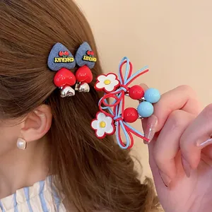 Sweet Heart Hair Clip Denim Fabric Cherry Pattern Bow Flower Duckbill Clip Acrylic Alloy For Women Girls