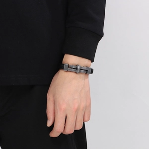 Men's minimalist braided leather cord bracelet with a cross geometric alloy clasp