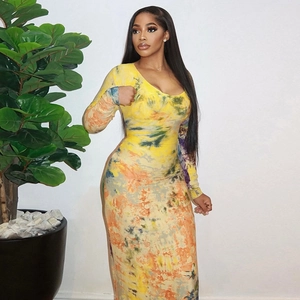 Robe Maxi Tie Dye Pour Femmes Manches Longues Moulante Col Rond Tricot Polyester Spandex Streetwear Fête