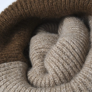 Thick double-layer knit beanie in brown and camel color block rib knit pattern